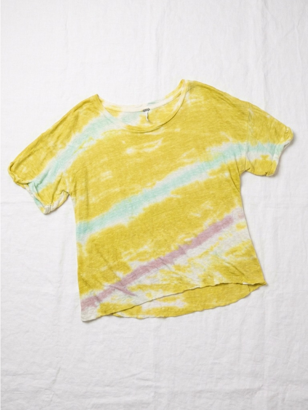 yfb tie dye linen tee - chartreuse w aqua lavender stripes oversized boxy L euc